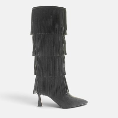 Stivali tacco stiletto gambale alto frange nero
