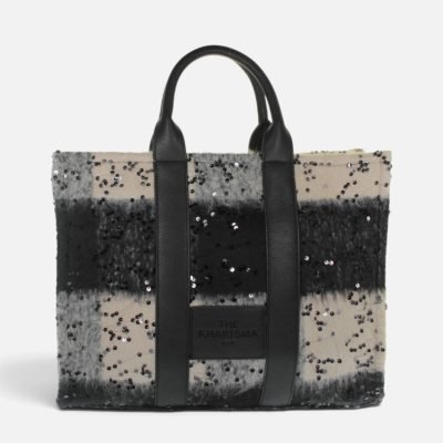 Borsa shopping maxi tessuto paillettes nero-panna