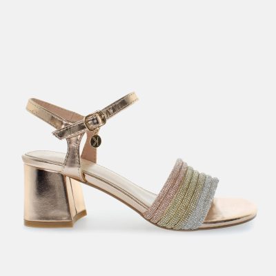 Sandali tacco mini fasce strass rosaoro